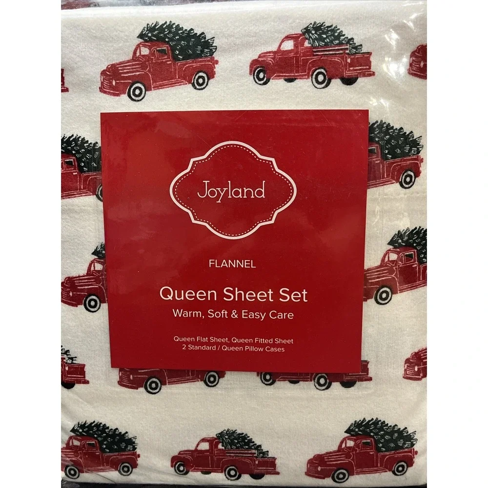 Joyland Flannel Queen Sheet Set Red Truck W/Christmas Tree New Two Pillowcases
